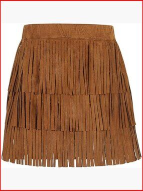 Suede Fringe Skirt with Ruffle Layers, Elastic Waist, Above Knee Length